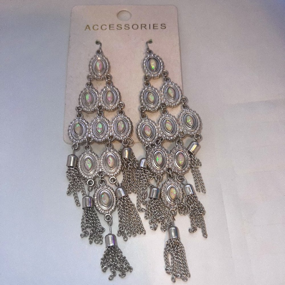 ACCESSORIES Silver Tone Chandelier Dangle Faux Opal Earrings